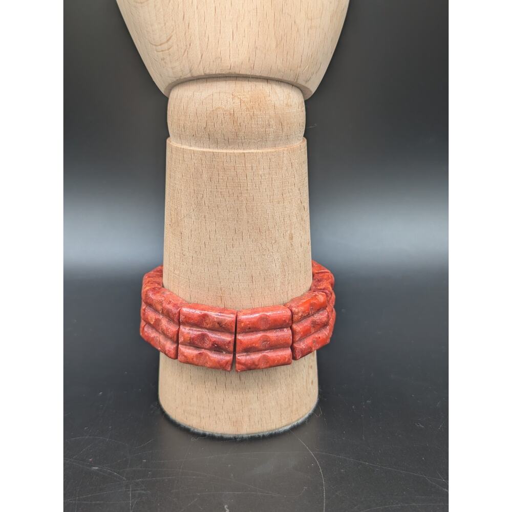 Vintage Apple Coral Stretch Bracelet Block Carved Red Sponge Coral 36g 1” Wide